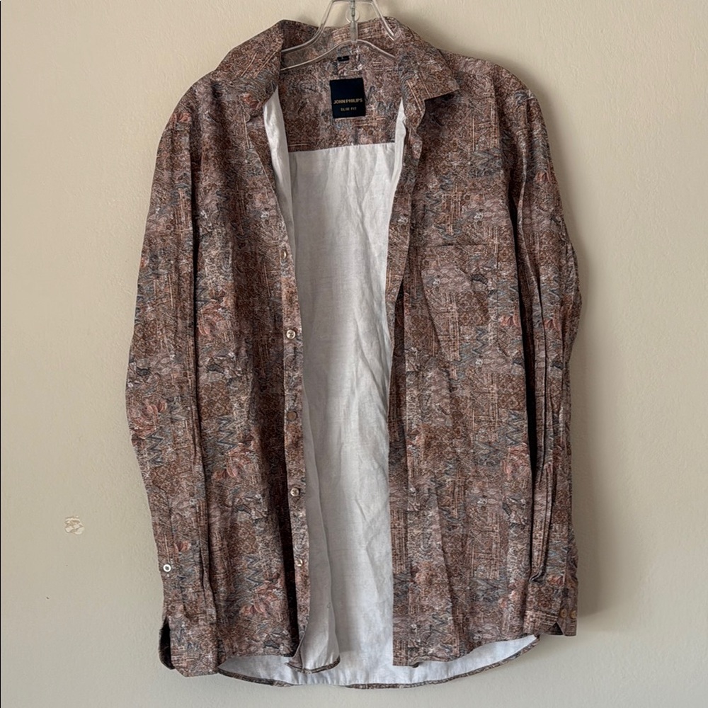 John Philips Brown Patterned Casual Button Down Shirt Slim Fit